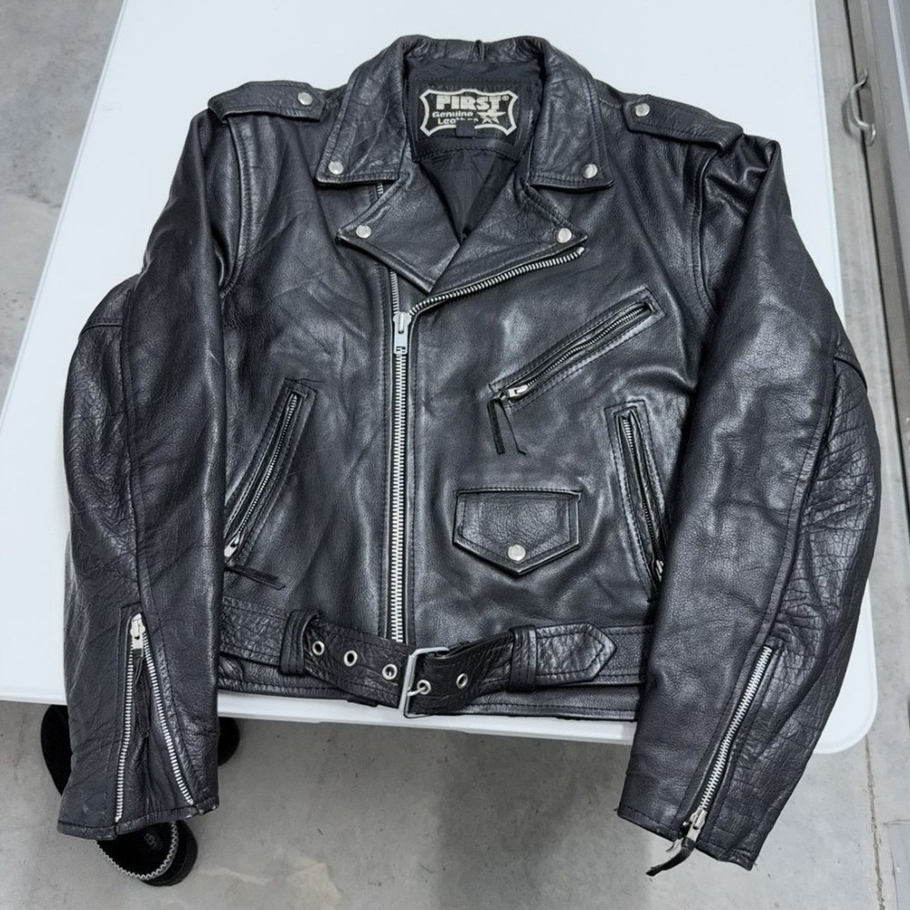 First Genuine Leather Motorcycle Jacket Black Biker Asymmetrical Zip Belted Mens